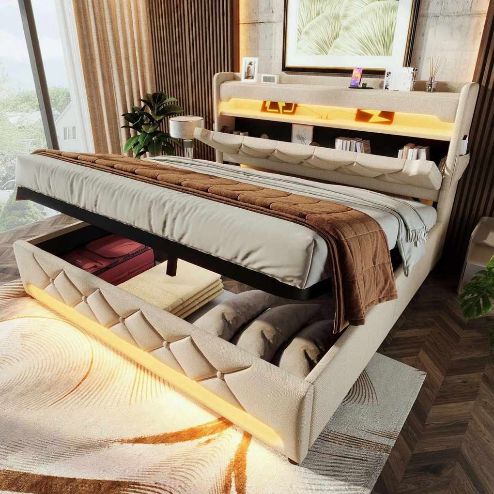 Čalúnená posteľ Led dvojlôžková 140x200 cm Usb C Béžová Matrac