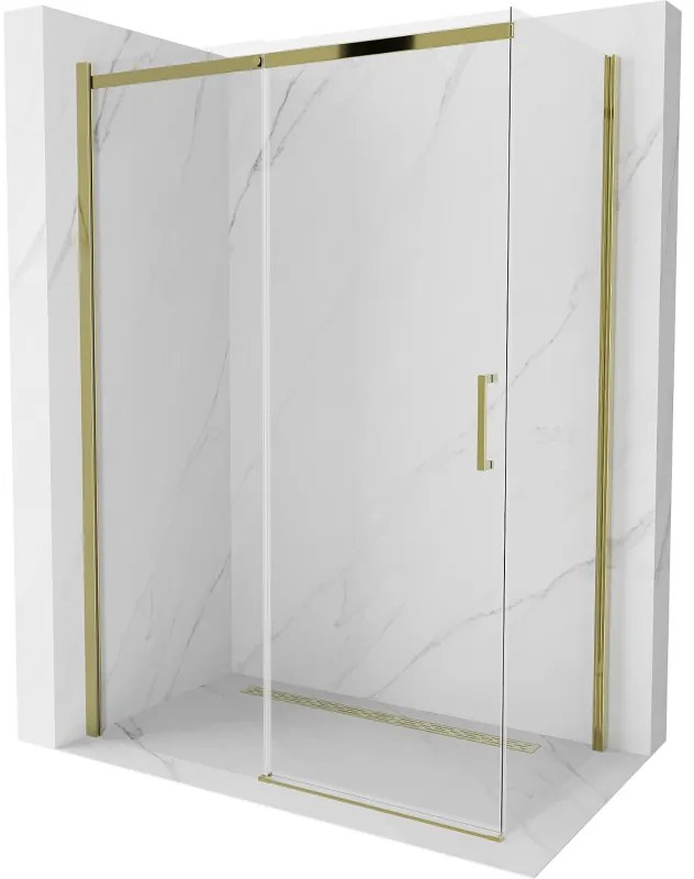 Mexen Omega, sprchovací kút s posuvnými dverami 130 (dvere) x 70 (stena) cm, 8mm sklo, zlatý profil-číre sklo, 825-130-070-50-00