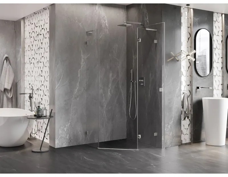 Mexen Lunar, L pravý výklopný päťuholníkový sprchový kút 100x100 cm, 8mm číre sklo, oceľový profil, 831L-100P-100L-97-00-P