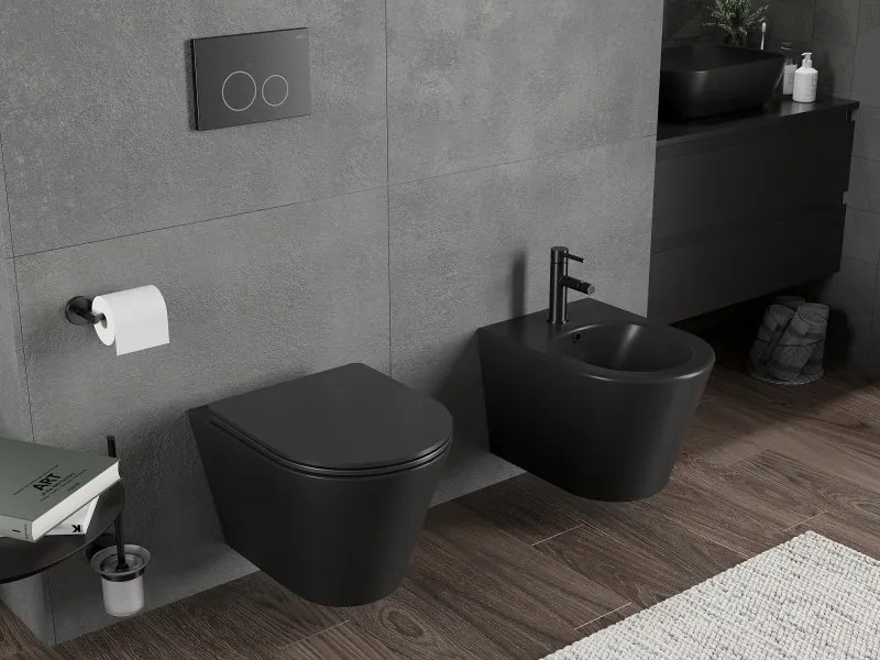 Mexen Rico, závesná WC misa 490x360x370 mm, Rimless Tornádo + WC sedadlo z duroplastu, čierna matná, 30721085T