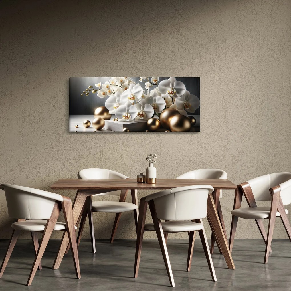 Obraz - Orchidea a zlaté gule (120x50 cm)