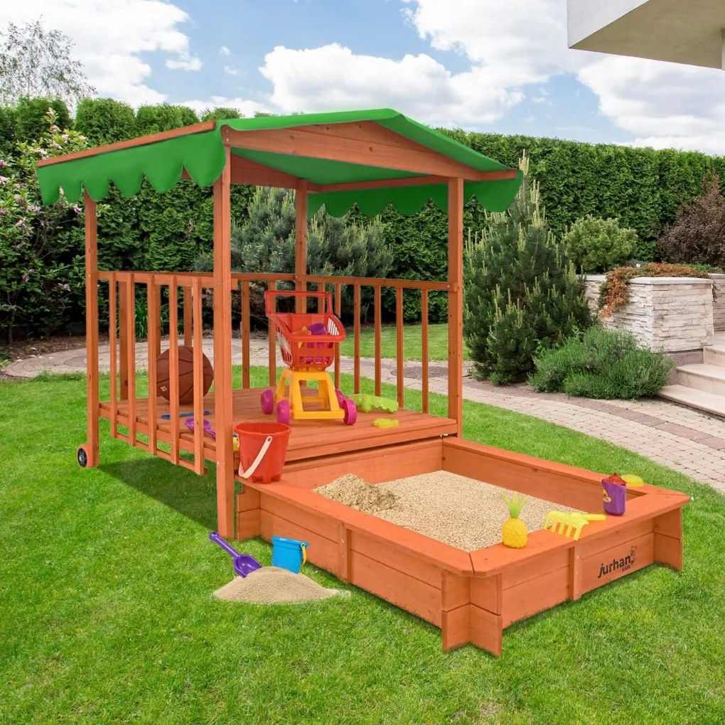 Pieskovisko s verandou HAPPY, 130x130x143cm, hnedá/zelená Jurhan
