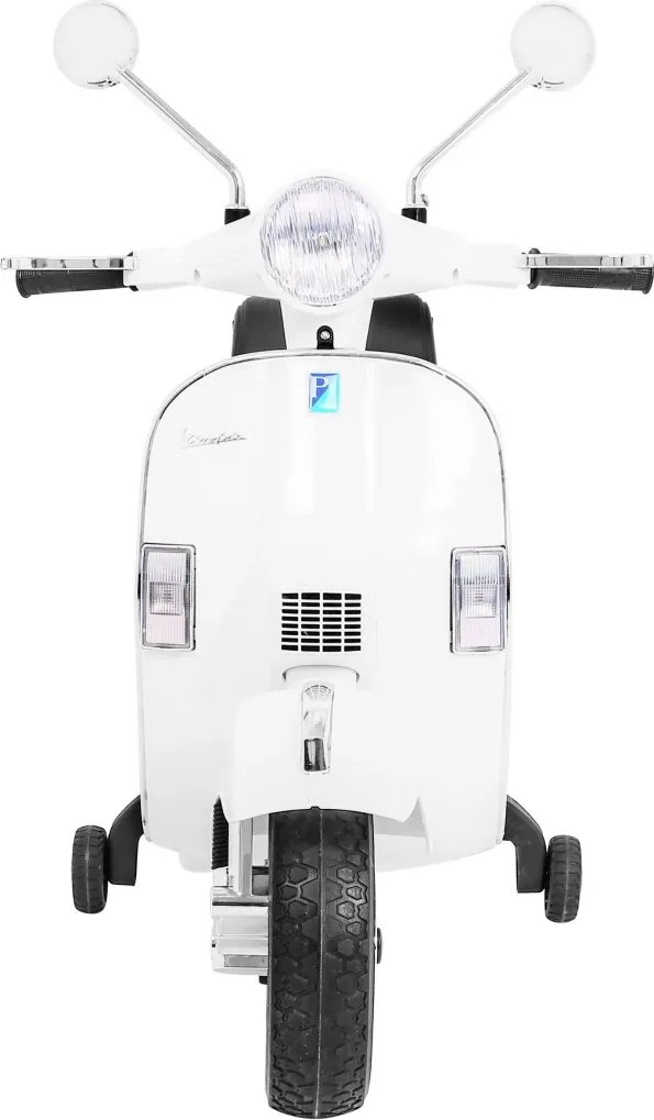Ramiz Vespa elektrický skúter pre deti Biely + pomocné kolieska + audio + ekokoža + EVA + pomalý štart