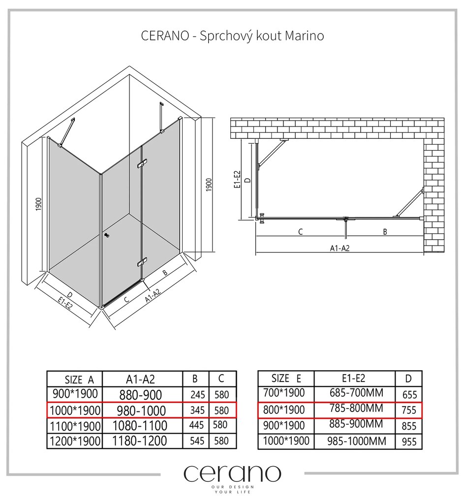Cerano Marino, sprchovací kút 100(dvere) x 80(stena) x 190 cm, 6mm číre sklo, chrómový profil, CER-CER-422775