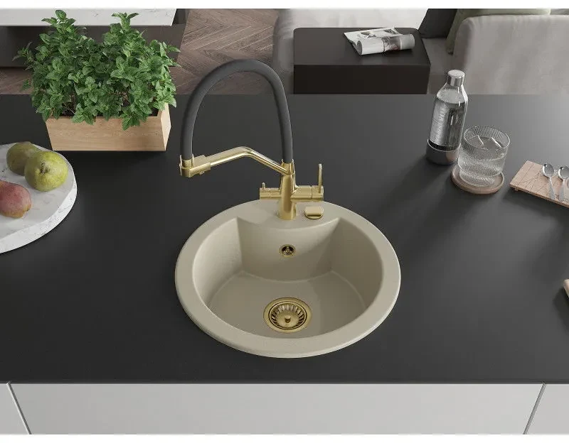 Mexen Diego, 1-komorový granitový drez 488x488x167 mm a drezová batéria Duo, béžová, 6512-69-671701-57-G