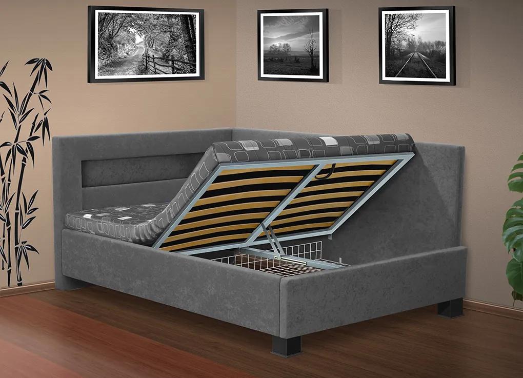 Nabytekmorava Čalúnená posteľ s úložným priestorom Mia Robin 160 cm s LED osvetlením matrac: matrace 15 cm, farebné čalúnenie: modrá, úložný priestor: s úložným priestorom