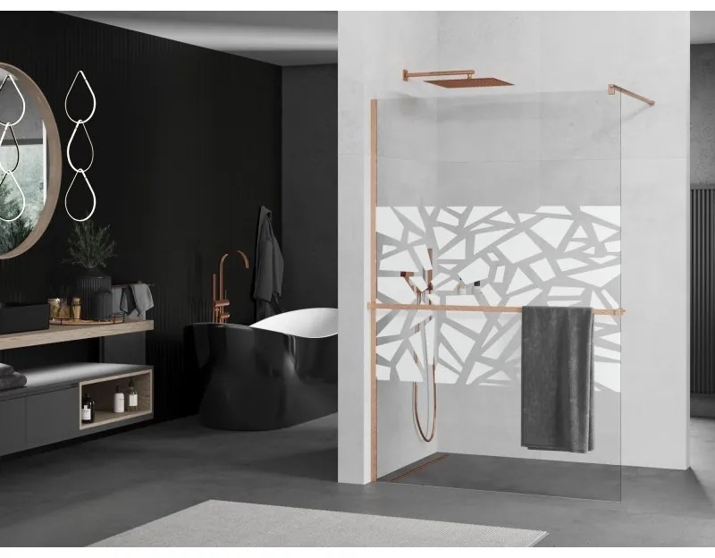 Mexen Kioto+, sprchová zástena Walk-In s poličkou a vešiakom 90 x 200 cm, 8mm číre sklo biely vzor, medený matný profil, 800-090-121-65-85