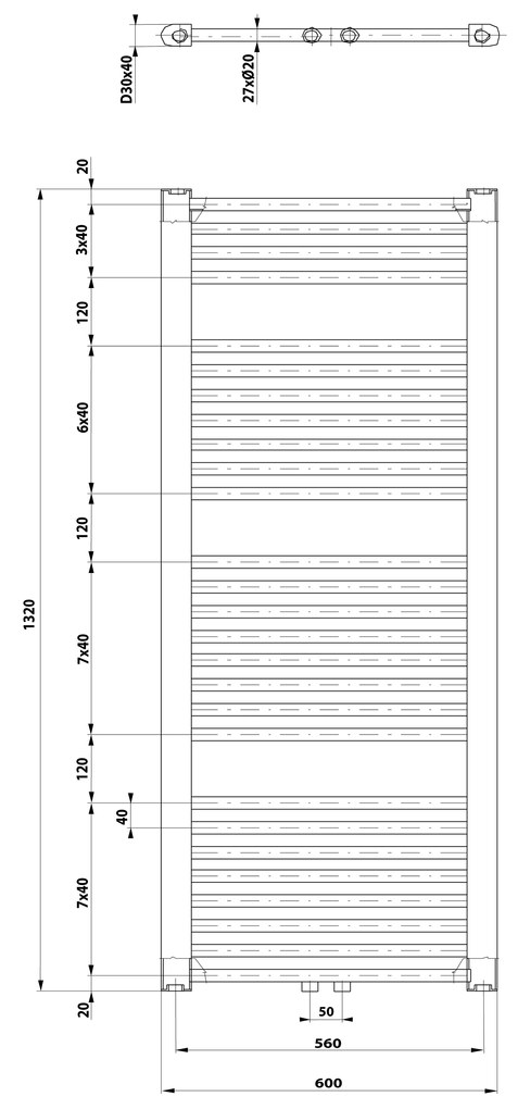 Aqualine Aqualine, DIRECT vykurovacie teleso s bočným pripojením 600x1320 mm, 795 W, biela, ELM36T
