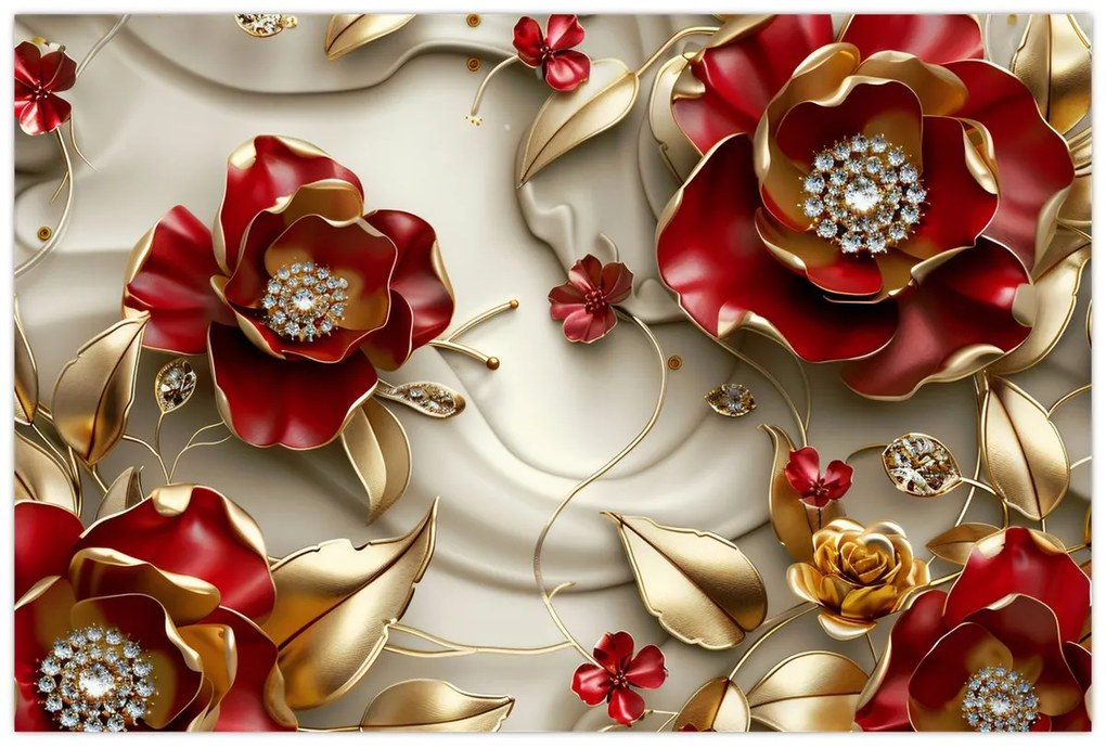 Obraz - 3D Červeno-zlaté kvety (90x60 cm)