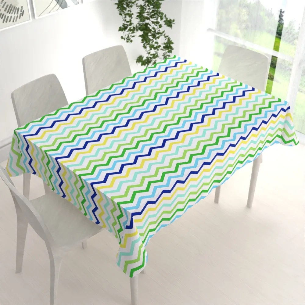 Biante Bavlnený obdĺžnikový obrus Sandra SA-378 Zeleno-modro-žlté cik-cak pásiky 50x100 cm