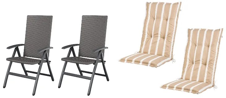 Livarno home Skladacie kreslo Valencia, 2 kusy, sivé + Podložka na kreslo s vysokým operadlom Valencia/Miami, 2 kusy, pruhy/béžová (800010729)