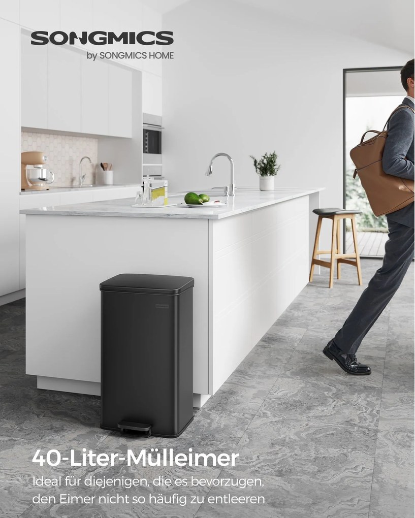 Kuchynský oceľový odpadkový kôš, 40 l, s vekom, 15 vreciek v balení, čierny