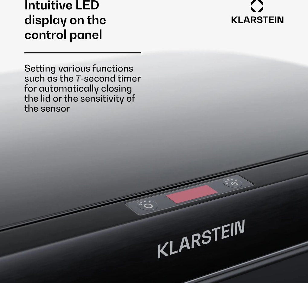 Klarstein Touchless, senzorový odpadkový kôš, 50 l, z nehrdzavejúcej ocele, Soft-Close zatváranie, napájaný batériou, LED displej, časovač