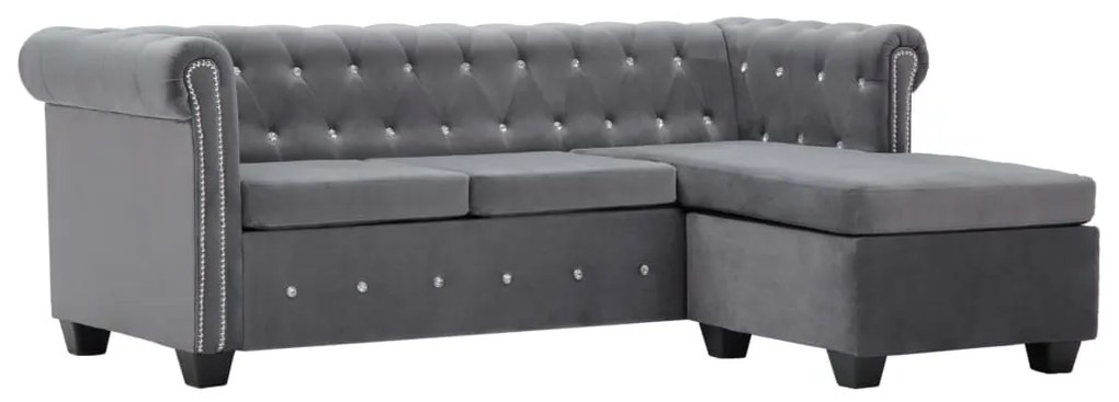 Pohovka Chesterfield v tvare L, zamat 199x142x72 cm, sivá