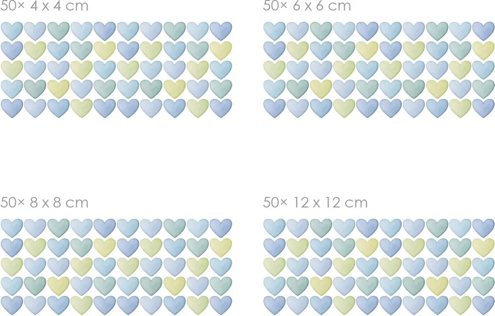 Akvarelové srdiečka pre chlapcov 50 ks textilní prelepiteľné nálepky na stenu 50 ks 4x4 cm
