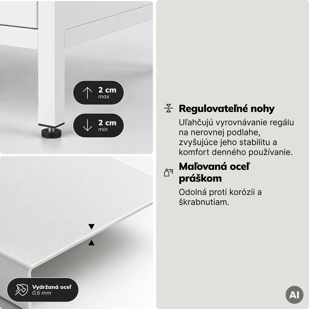 Regaál so zásuvkami do kancelárie, na zakladače a dokumenty, otvorené police, kovový, biely, 800x2200x400 mm: ARIEL