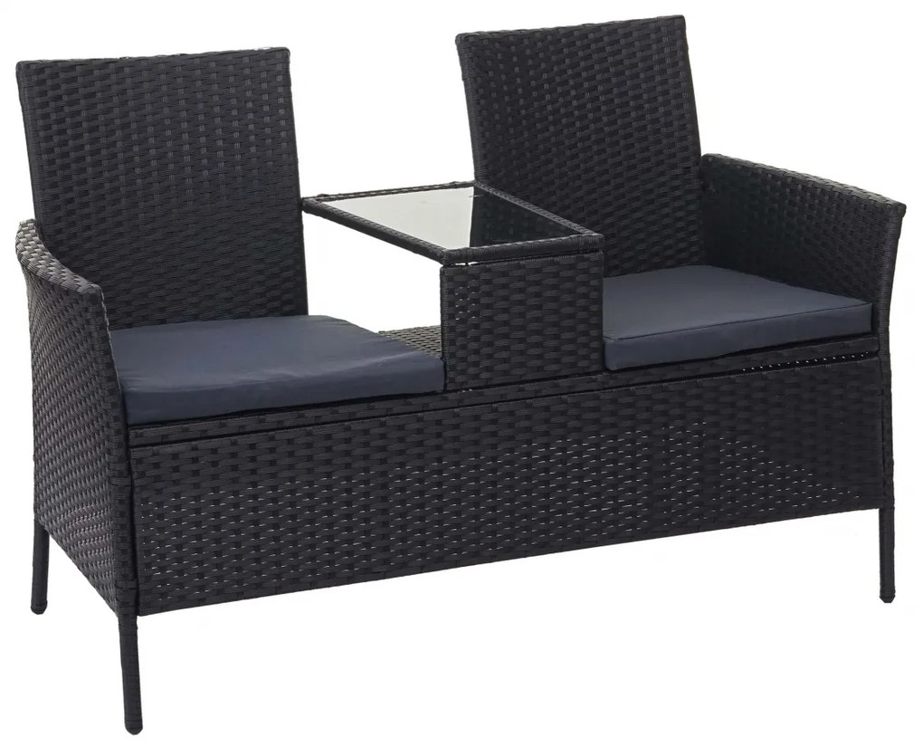 Záhradná lavica so stolíkom E24 - umelý ratan, 132cm - Čierna, sedáky tmavosivá