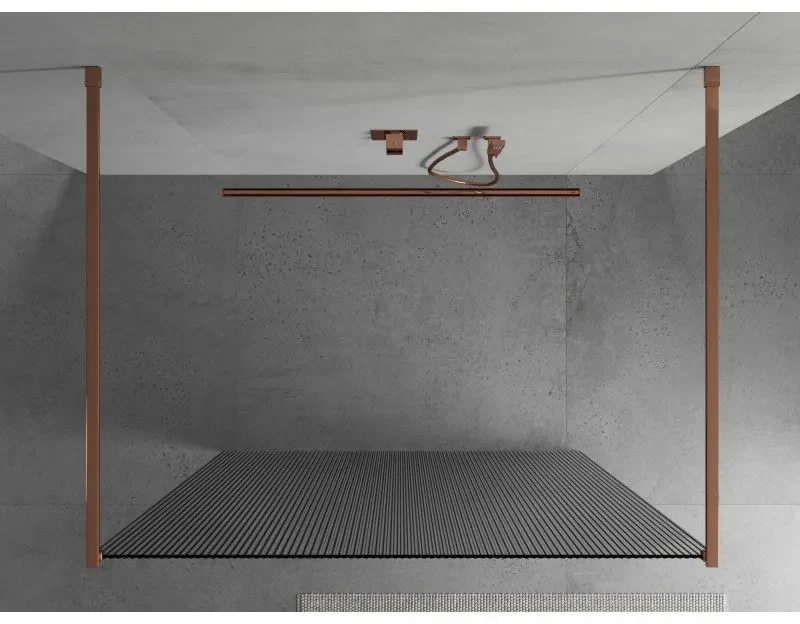 Mexen Kioto, priechodná sprchová zástena 140 x 200 cm, 8mm sklo s rebrovým vzorom, 2x stabilizačná rozpera, ružové zlato, 800-140-002-60-09