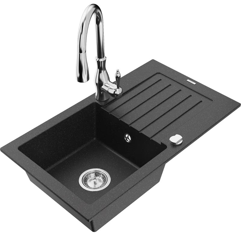 Mexen Pablo, granitový drez 752x436x161 mm, 1-komorový a drezová batéria Savita, čierna-strieborná metalíza, 6510-73-672601-00
