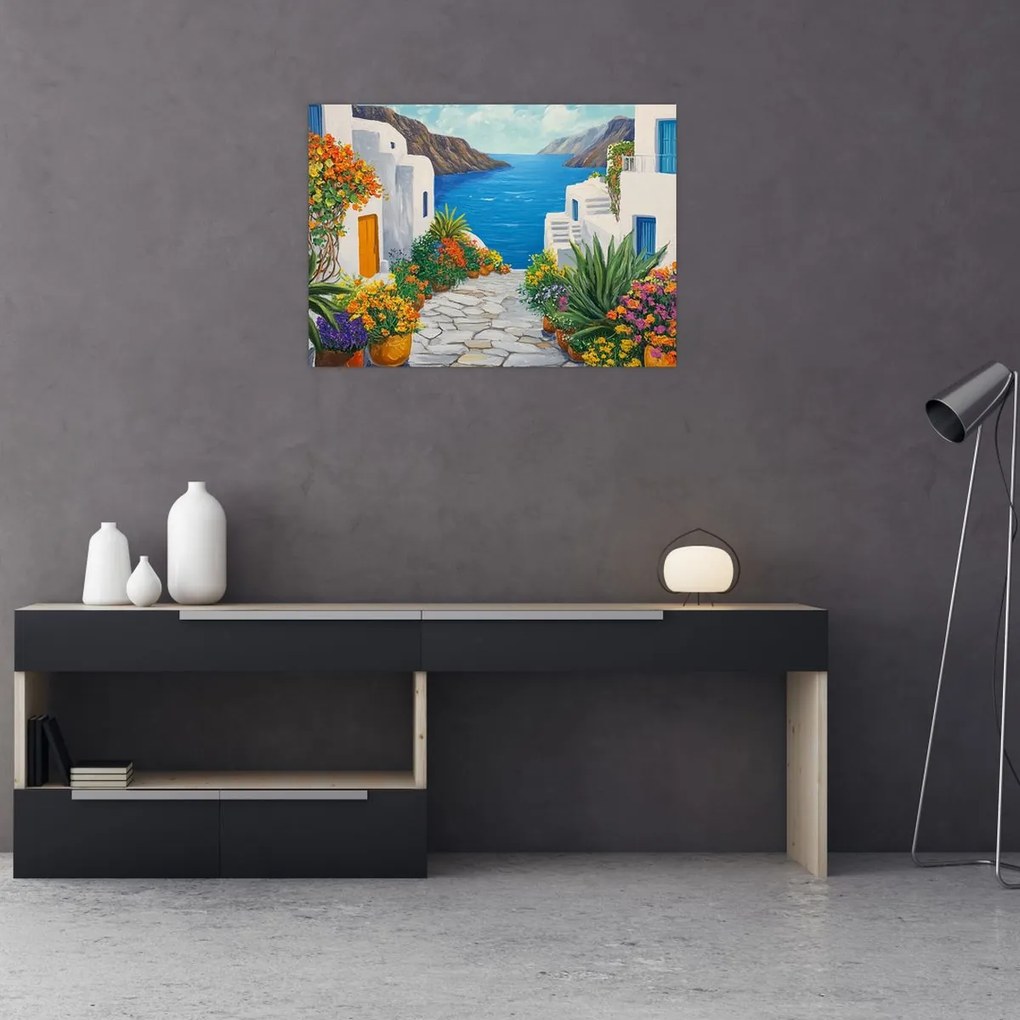 Sklenený obraz - Grécka ulička (70x50 cm)