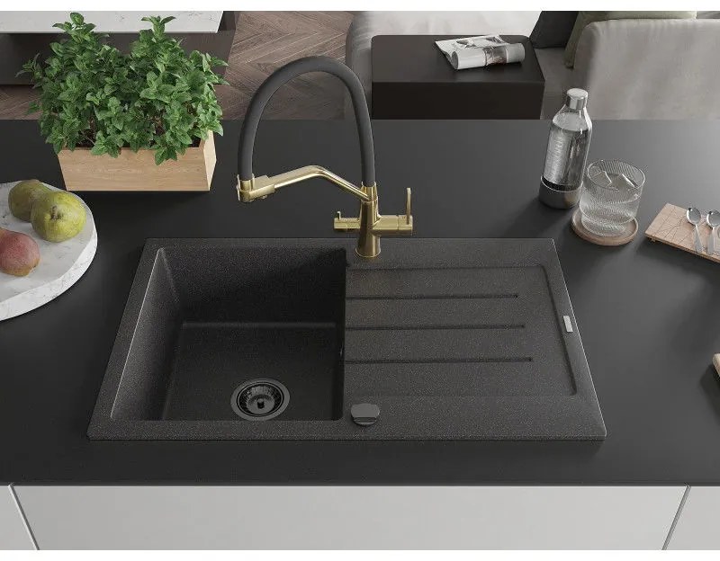 Mexen Bruno, 1-komorový granitový drez 795x495x200 mm a drezová batéria Duo, čierna škvrnitá, 6513-76-671701-57-B