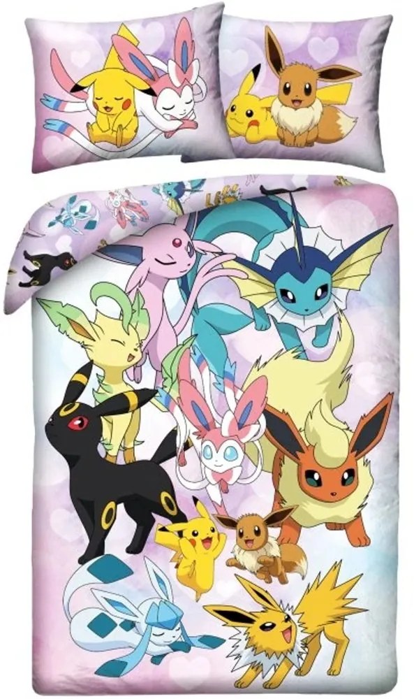 Posteľné obliečky z mikrovlákna Pokémoni - motív Pikachu a Eeveelutions - 70x90 cm + 140x200 cm