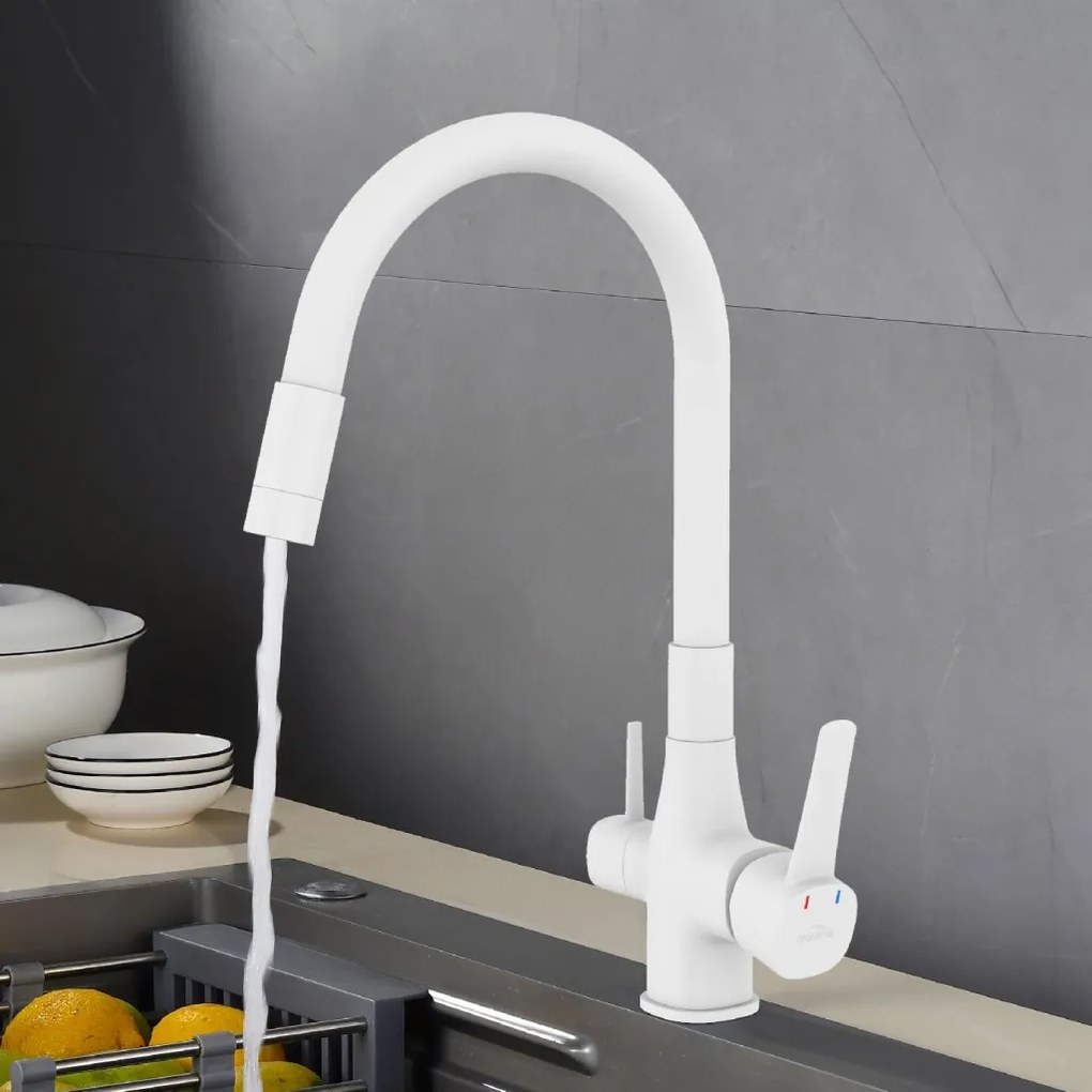 Invena Magic, stojanková drezová batéria s flexibilným ramenom a filtrom na pitnú vodu, biela matná, INV-BZ-02-F02-V