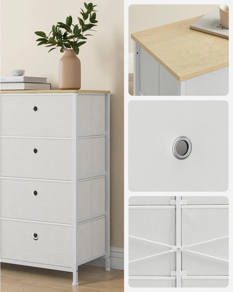 Komoda s 8 textilnými zásuvkami, s kovovým rámom, krémová biela a dub
