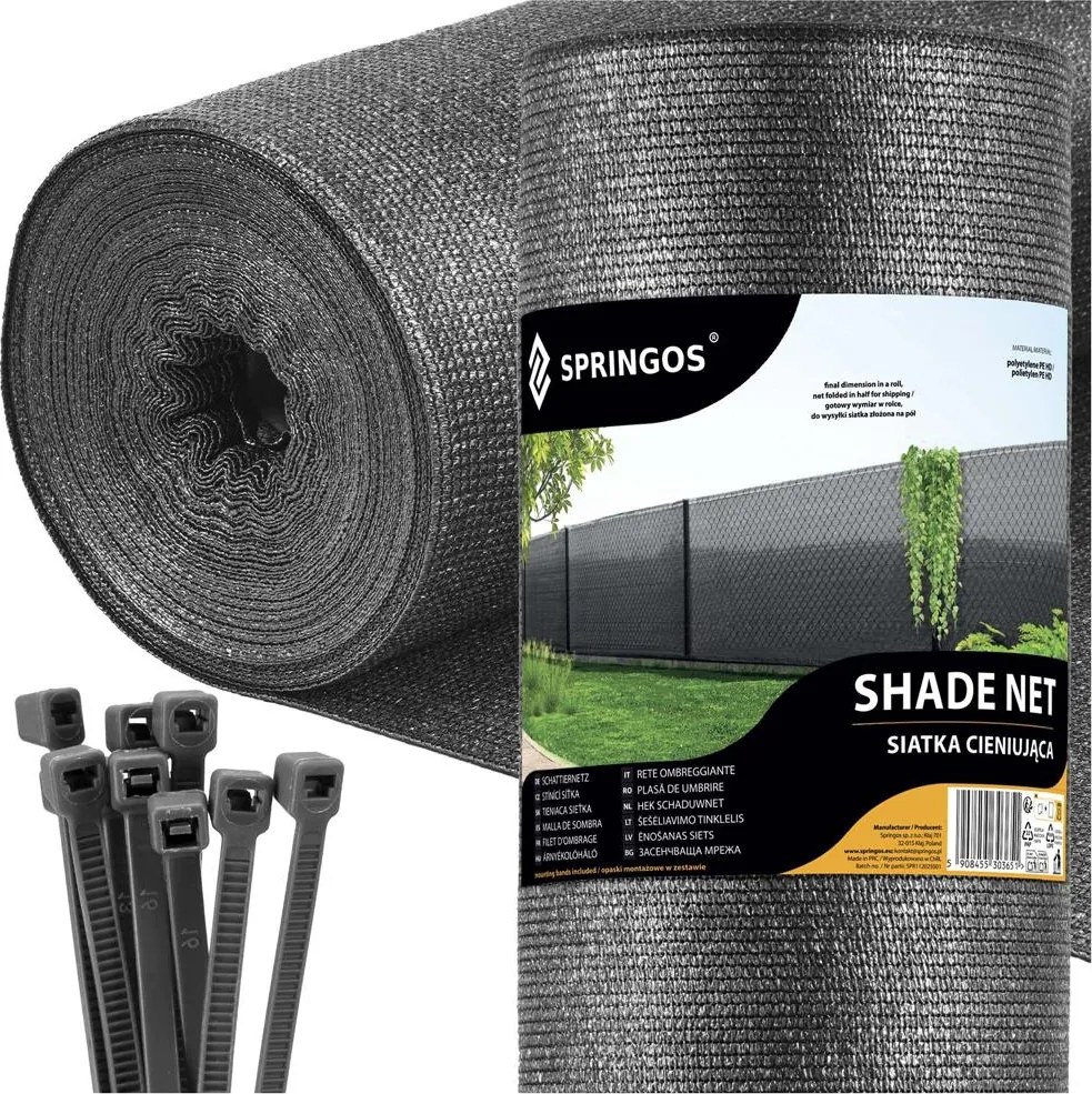 Tieniaca sieť 95 % – 1,5 × 50 m, 185 g/m², svetlý antracit + 200 ks viazacích pások Springos SN0062