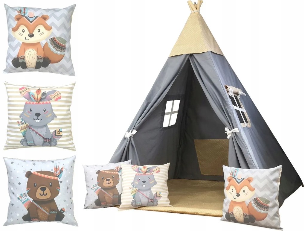 Detský stan TEEPEE (TÍPÍ) BOHO s doplnkami - sivý / béžový