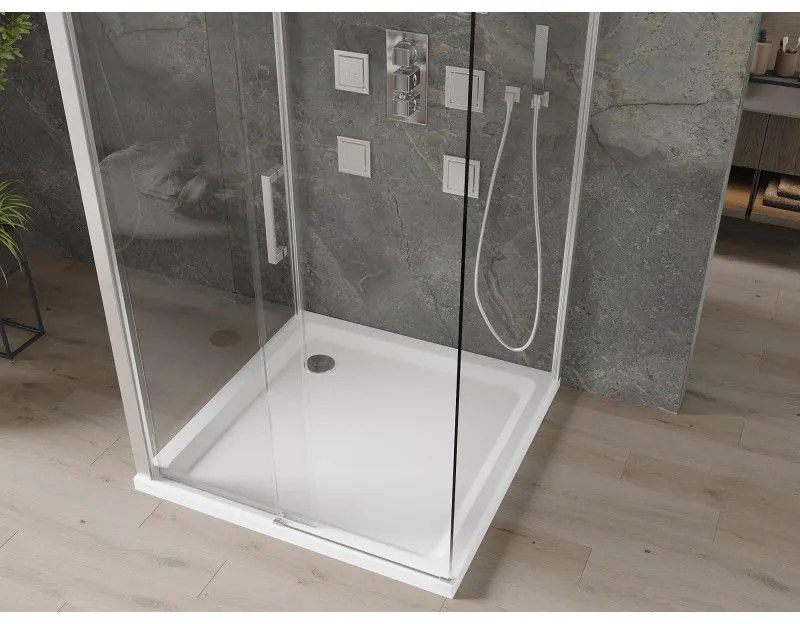 Mexen Omega, 3-stenový sprchovací kút s posuvnými dverami 100 (dvere) x 100 (stena) x 190 cm, 8mm číre sklo, chrómový profil + biela sprchová vanička SLIM, 825-100-100-01-00-3s-4010
