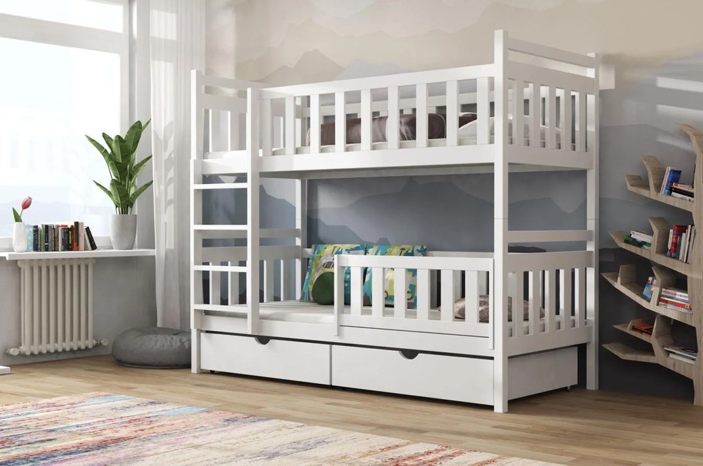 Detská poschodová posteľ z masívu borovice KAREL so šuplíkmi - 200x90 cm - BIELA