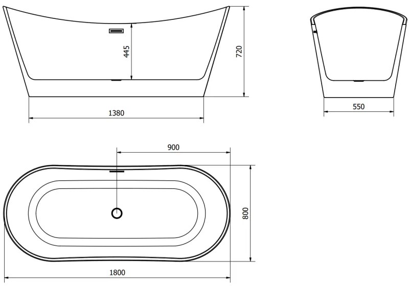 Mexen Montana, voľne stojaca vaňa 180 x 80 cm, biela-čierna, grafitový prepad, 52011808075-66