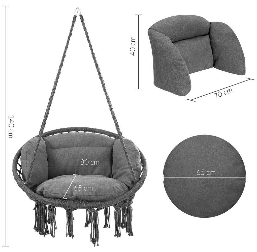 Závesné kreslo BOHO s vankúšmi, Ø61cm, antracitová Jurhan