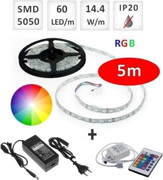 Optonica Sada: 5m RGB LED pásik do interieru 60 SMD5050/m, 14.4W/m, IP20 + zdroj + RGB ovládač