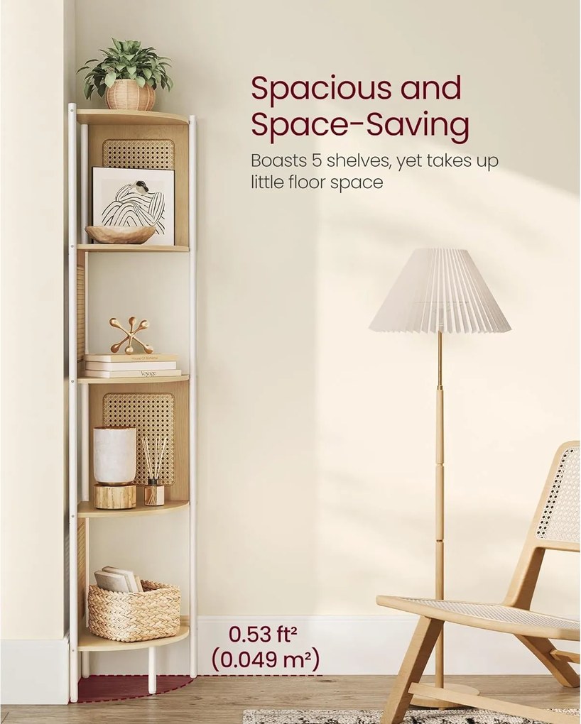 5-úrovňová rohová polica, polica na knihy s polyratanovými stranami, farba dub a béžová