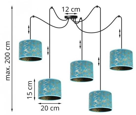 Závesné svietidlo Werona Spider, 5x modré textilné tienidlo so vzorom, (výber z 2 farieb konštrukcie), g