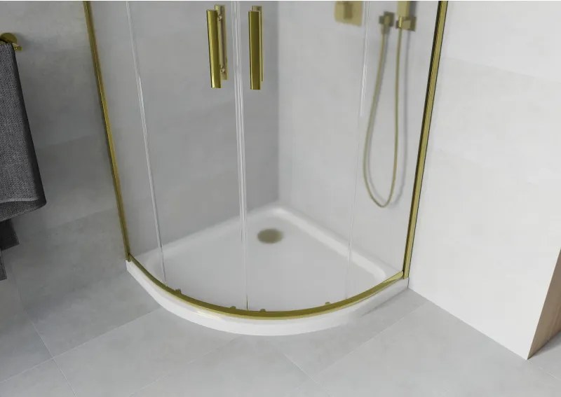 Mexen Rio, štvrťkruhový sprchovací kút s posuvnými dverami 80(dvere) x 80(dvere) x 190 cm, 6mm sklo námraza, zlatý profil + biela sprchová vanička SLIM, 863-080-080-50-30-4110G