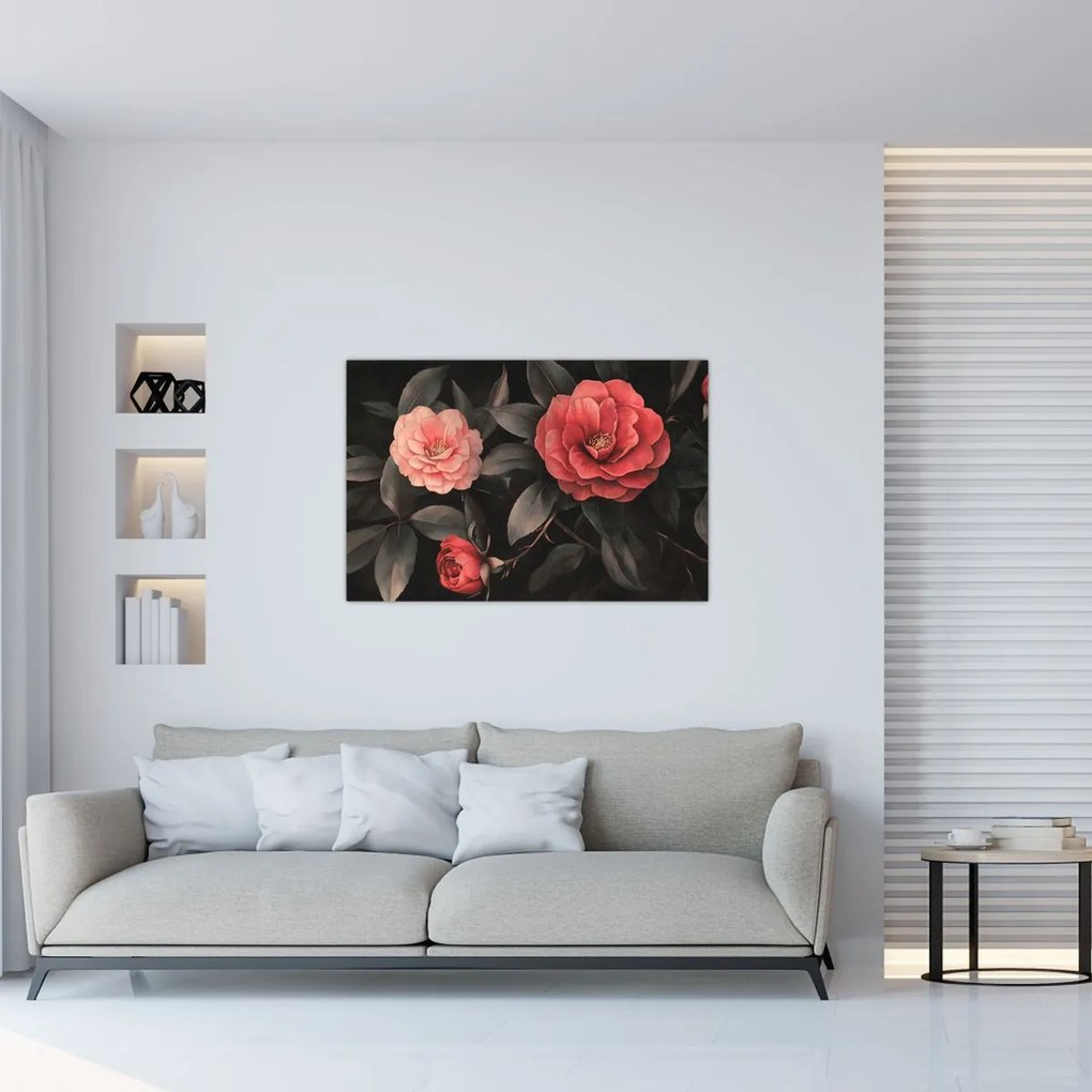 Obraz - Červené kvety na tmavom pozadí (90x60 cm)