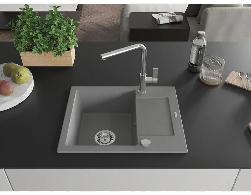Mexen Enzo, 1-komorový granitový drez 576x465x174 mm a drezová batéria Flora, šedá, 6506-71-670401-00