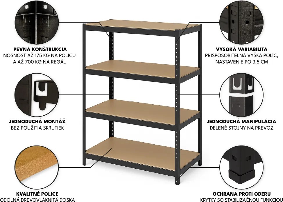 Regál 160x80x40 cm lakovaný 4-policový, nosnosť 700 kg - biely