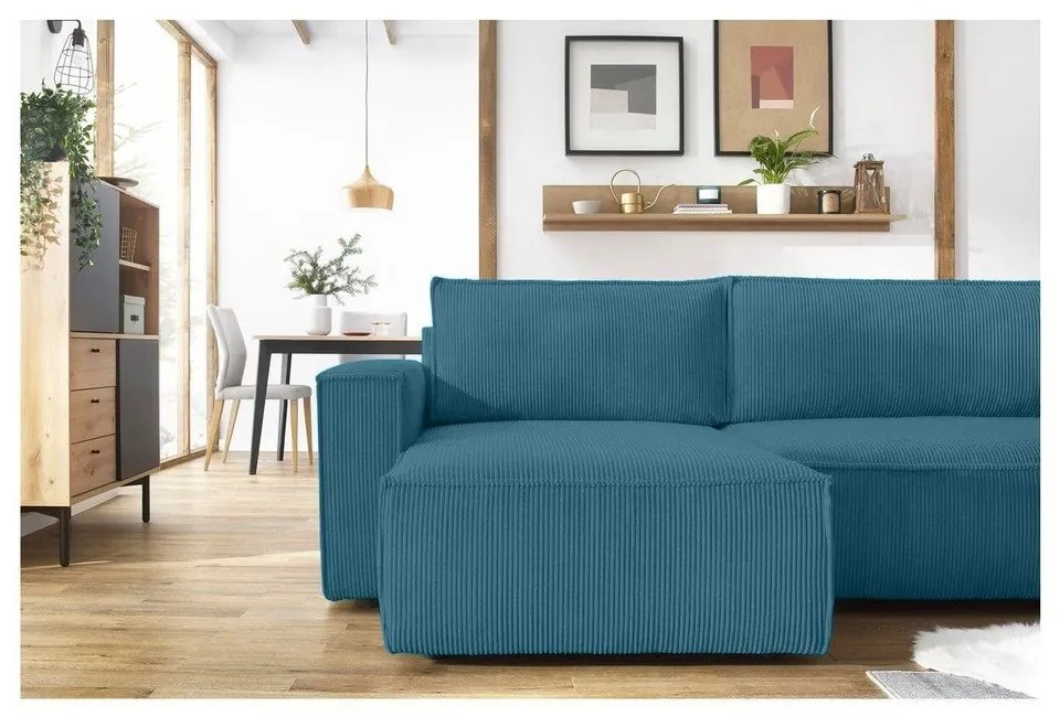 Tyrkysovomodrá menčestrová rozkladacia rohová pohovka Nihad – Bobochic Paris