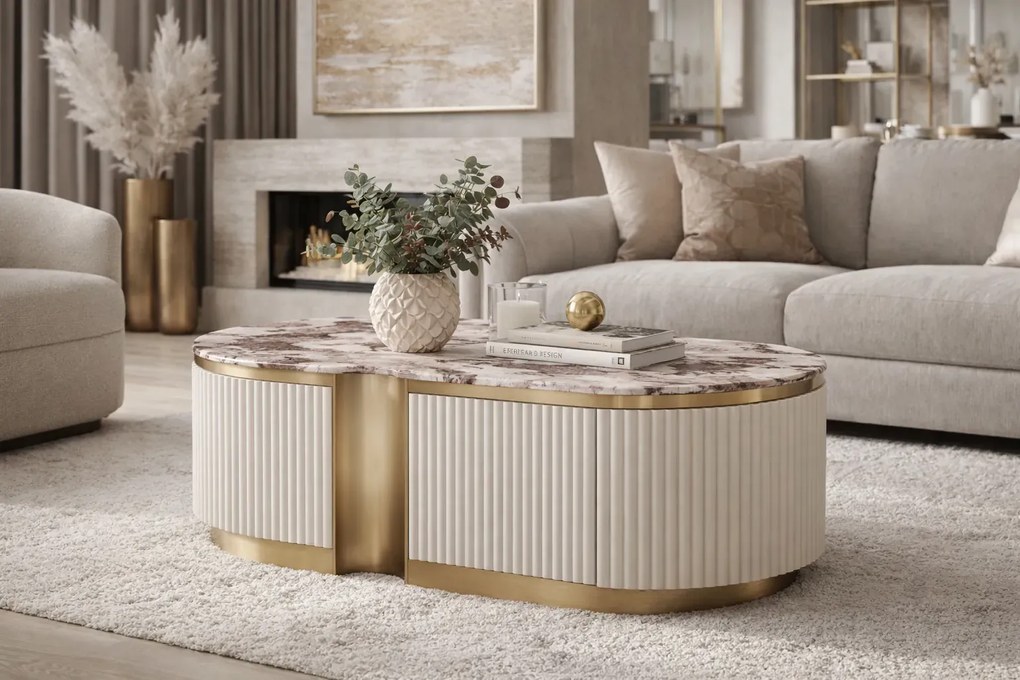Konferenční stolek Stilig ST914B 122 cm mramor/krémový/zlatý
