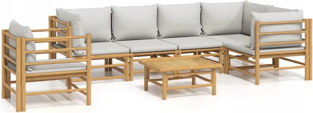 vidaXL 7-dielna sada záhradného nábytku, svetlošedé vankúše, bambus