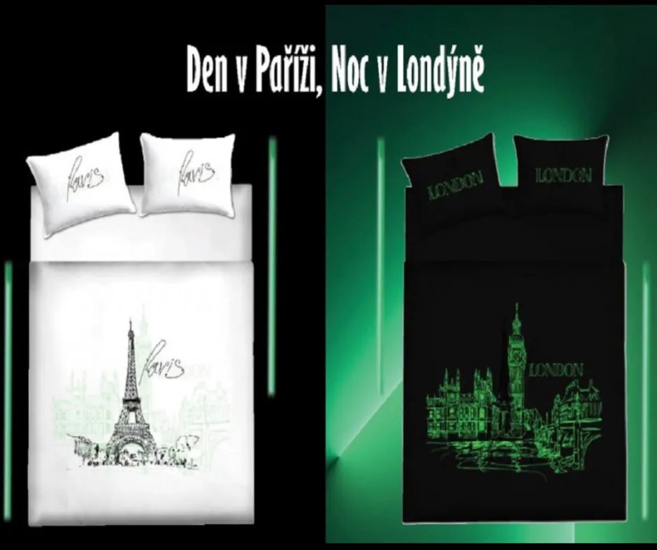 Svietiace obliečky bavlnené Deluxe 3D deň v Paríži noc v Londýne 200x140cm+90x70cm