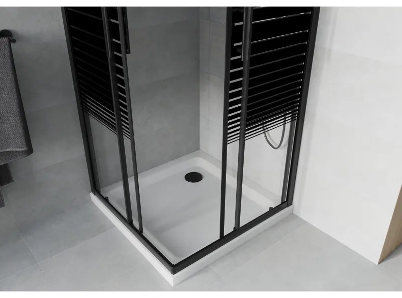 Mexen Rio, štvorcový sprchovací kút s posuvnými dverami 90(dvere) x 90(dvere) x 190 cm, 6mm číre sklo s pásikmi, čierny profil + biela sprchová vanička SLIM, 860-090-090-70-20-4010B