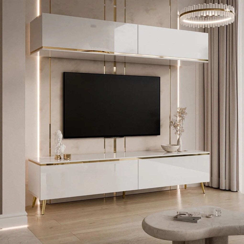 OBÝVACIA STENA NESSIE 3 NA NOŽIČKÁCH BIELY LESK + ZLATÁ LIŠTA 180 cm