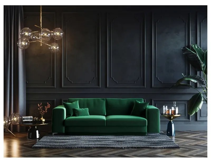 Tmavozelená zamatová rozkladacia pohovka Devichy Rothe, 256 cm