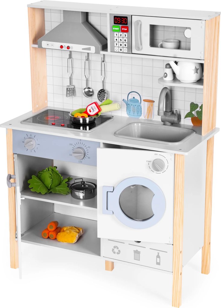 Drevená detská kuchynka ECOTOYS s LED, zvukmi a práčkou