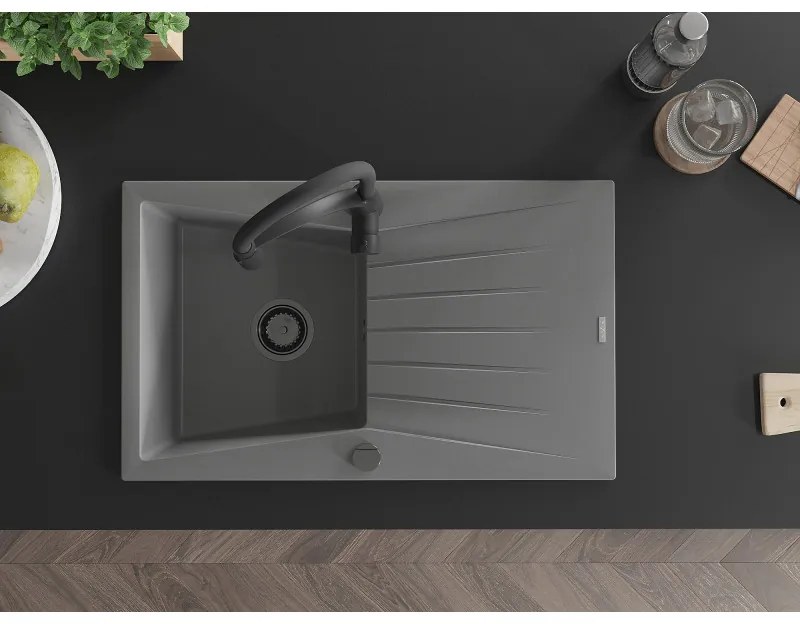 Mexen Cesar, 1-komorový granitový drez 775x470x190 mm a drezová batéria Aster, šedá, 6514-71-73450-70-B